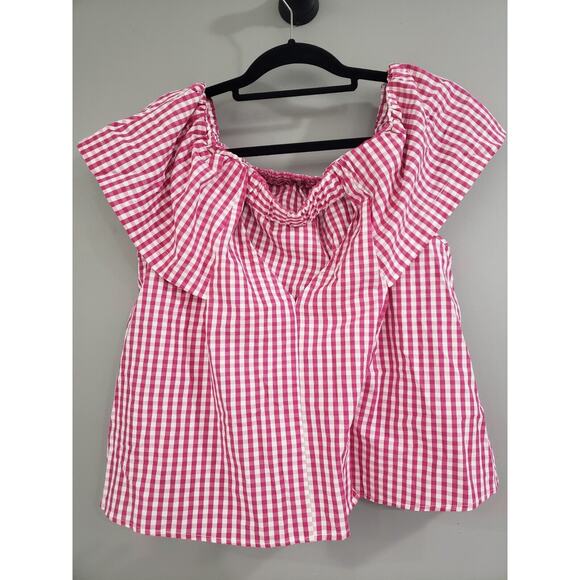 TOPSHOP Maggie Bardot‎ Gingham Pink White Checkered Plaid Off the Shoulder SZ 6 - Picture 5 of 5